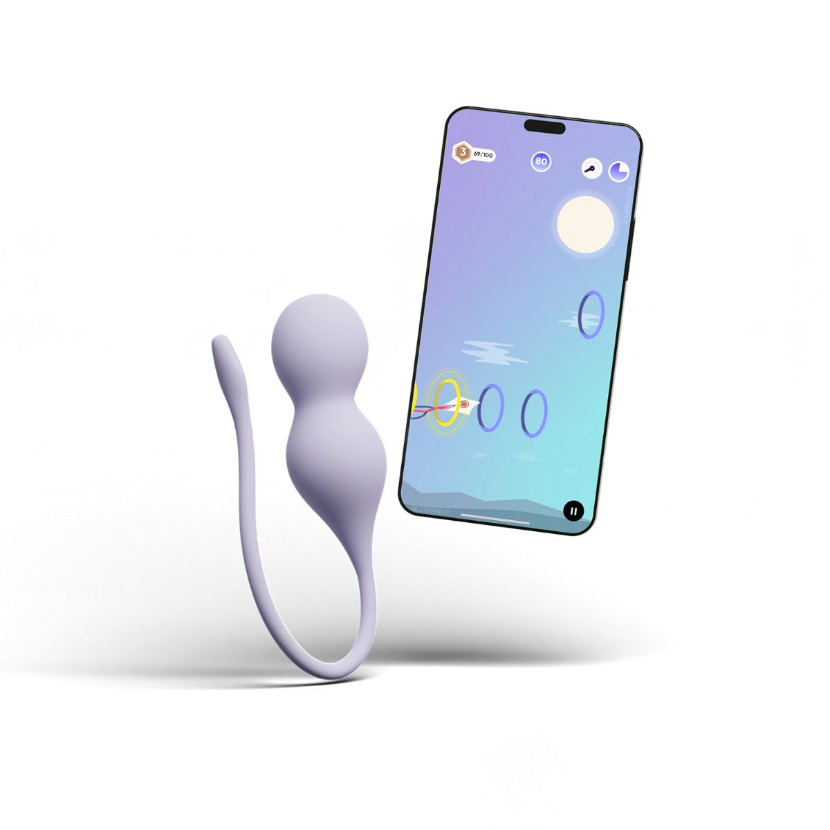 Lila bekkenbodemtrainer naast een telefoon met een spelletje in de app, Perifit Care+