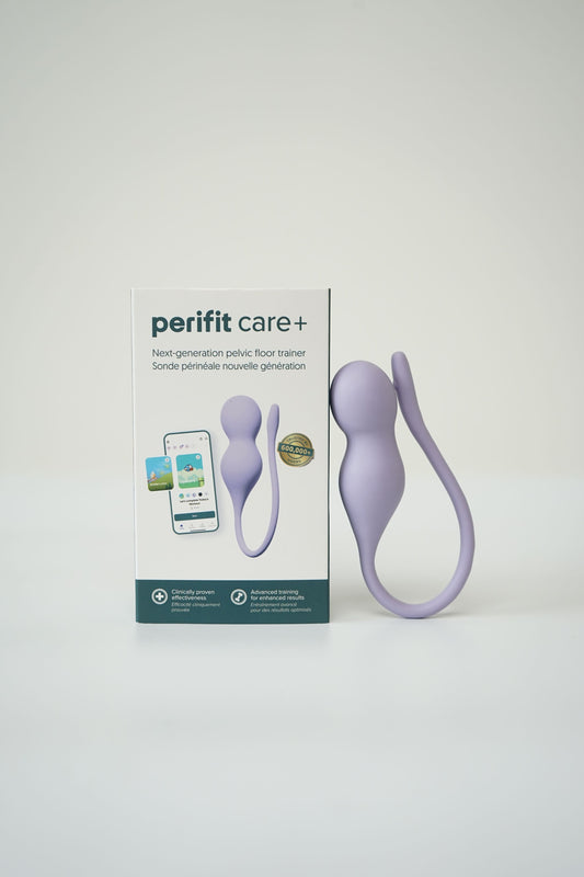 Doos van de Perifit Care+ met de lila bekkenbodemtrainer ernaast