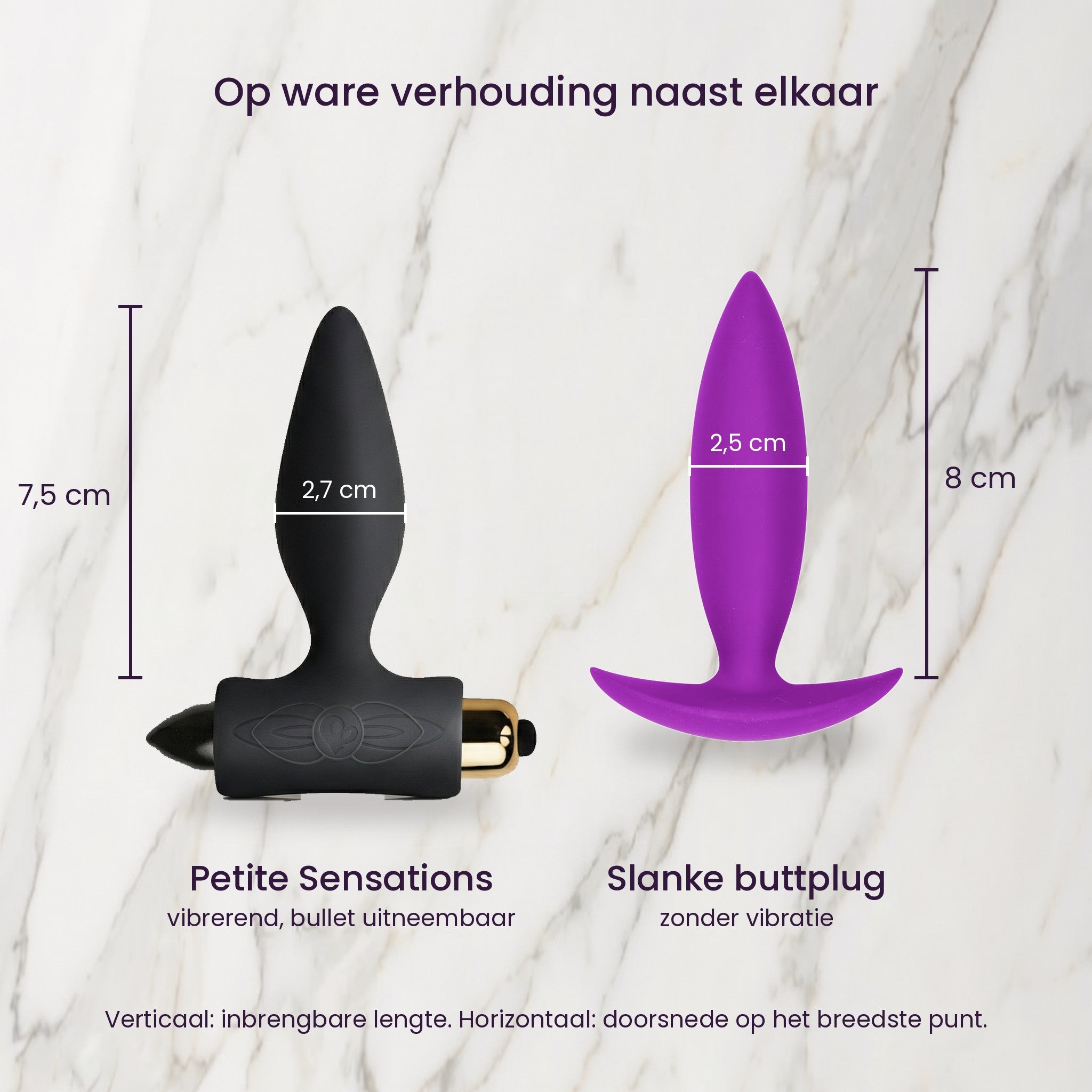 Petite Sensations en slanke buttplug op ware verhouding naast elkaar, met inbrengbare lengte en doorsnede