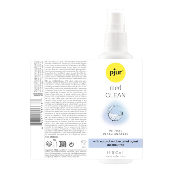 Achterkant van pjur med CLEAN spray 100 ml met tekst, ingrediënten en barcode