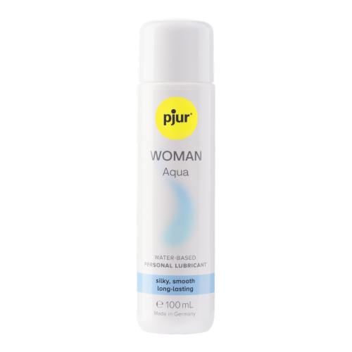 Witte fles Woman Aqua glijmiddel 100 ml met lichtblauw etiket op wit, Pjur
