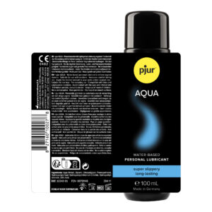 Pjur Aqua waterbasis glijmiddel 100 ml zwarte flacon met dop, voor- en zijaanzicht