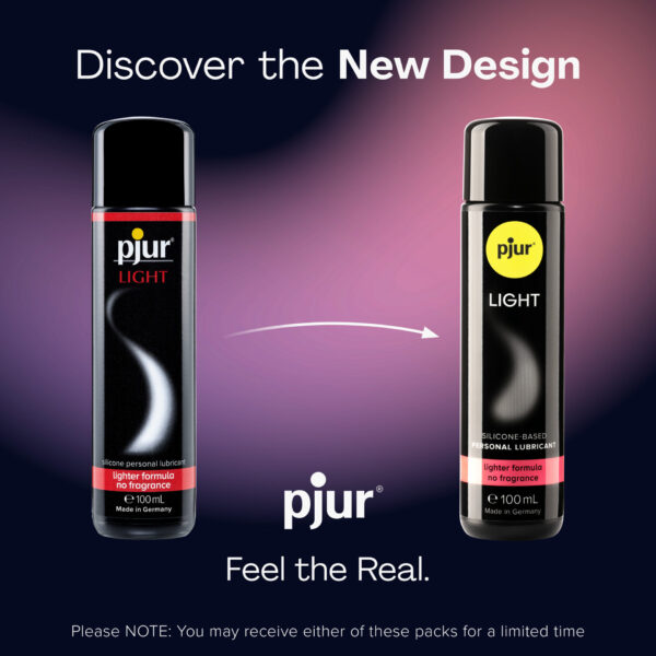 Oude en nieuwe fles pjur LIGHT 100 ml naast elkaar, vernieuwd ontwerp 2024