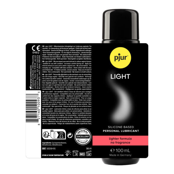 Achterkant van de fles pjur LIGHT met ingrediënten en gebruiksaanwijzing