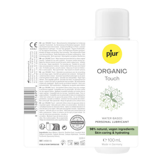 Pjur Organic Touch 100 ml achterzijde fles met ingrediënten en gebruiksinstructies