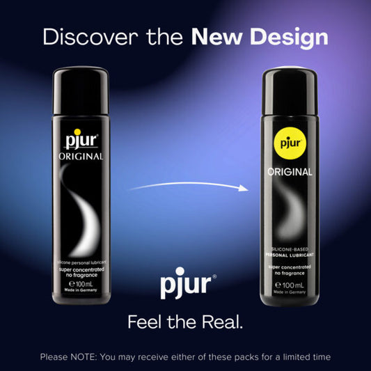 Pjur Original oud en nieuw verpakkingsdesign vergelijking, zwarte fles 100 ml siliconenbasis glijmiddel