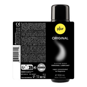 Pjur Original siliconenbasis glijmiddel 100 ml, zwarte fles voor- en achterkant met productinformatie