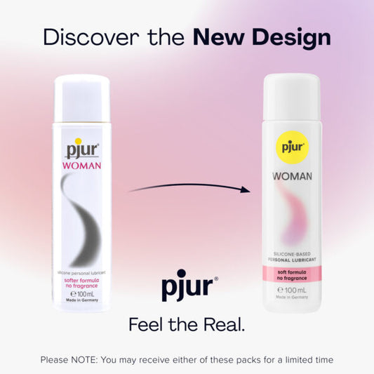 Pjur Woman siliconenbasis glijmiddel oud en nieuw verpakkingsdesign vergelijking, 100 ml fles
