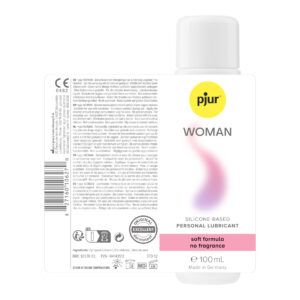 Pjur Woman siliconenbasis glijmiddel 100 ml, achterkant fles met ingrediënten en productinformatie