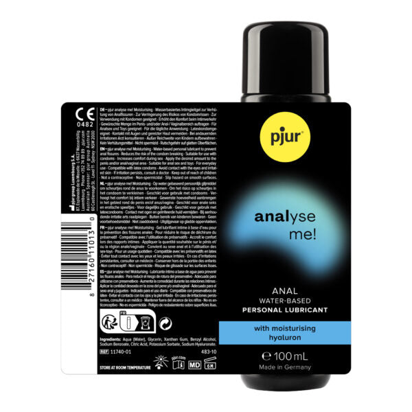 Pjur Analyse Me anaal waterbasis glijmiddel 100 ml, zwarte fles met ingrediënten en achterzijde