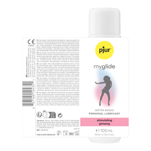 Achterkant van pjur myglide 100 ml met gebruikstekst, ingrediënten en barcode