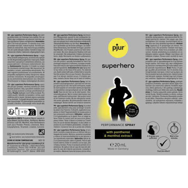 Achterkant van de doos van pjur superhero met gebruiksaanwijzing en ingrediënten