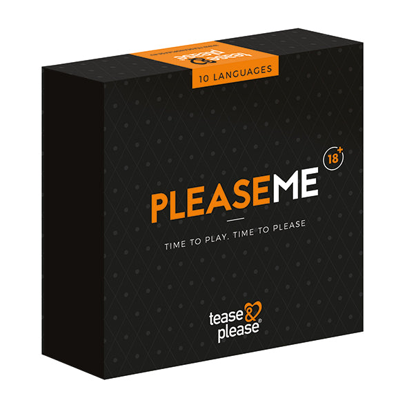 Zwarte doos van PleaseMe 18+ erotisch spel van Tease & Please met oranje accenten