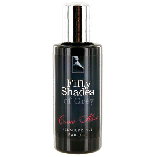Zwarte fles Fifty Shades of Grey Pleasure Gel For Her met zilveren dop en elegante witte en rode tekst