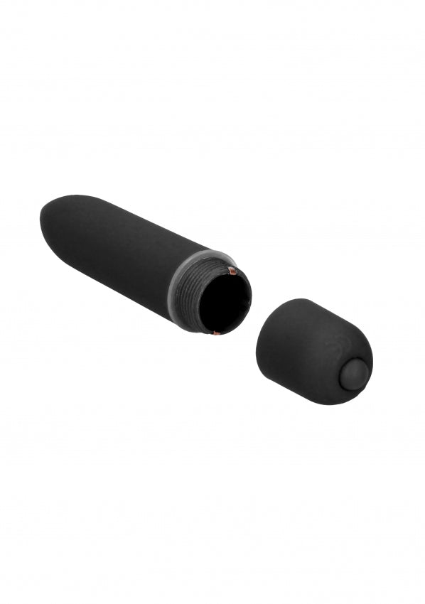 Zwarte bullet vibrator opengeschroefd met zichtbaar batterijcompartiment op witte achtergrond