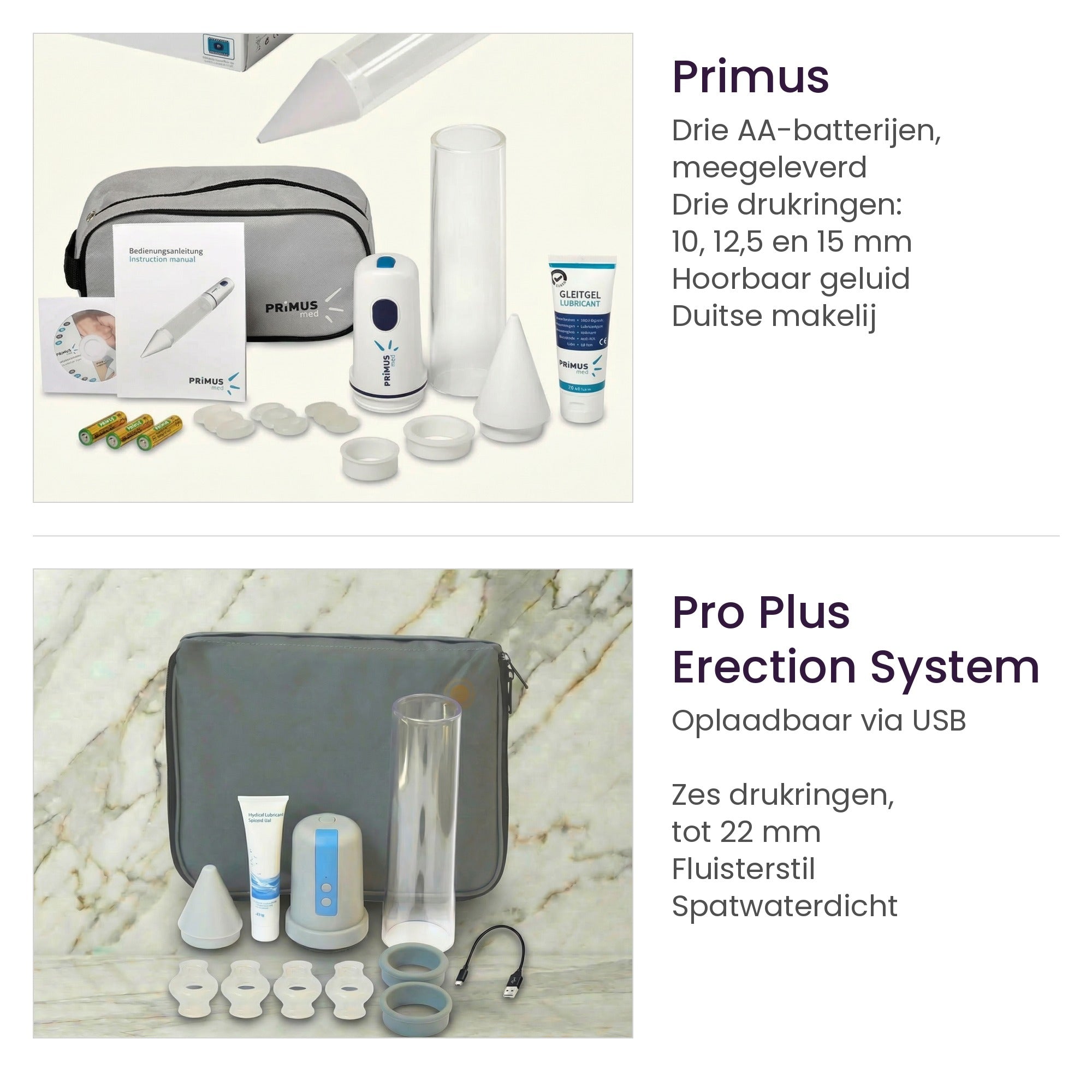 Vergelijking van de Primus en de Pro Plus Erection System: beide complete sets met de belangrijkste verschillen