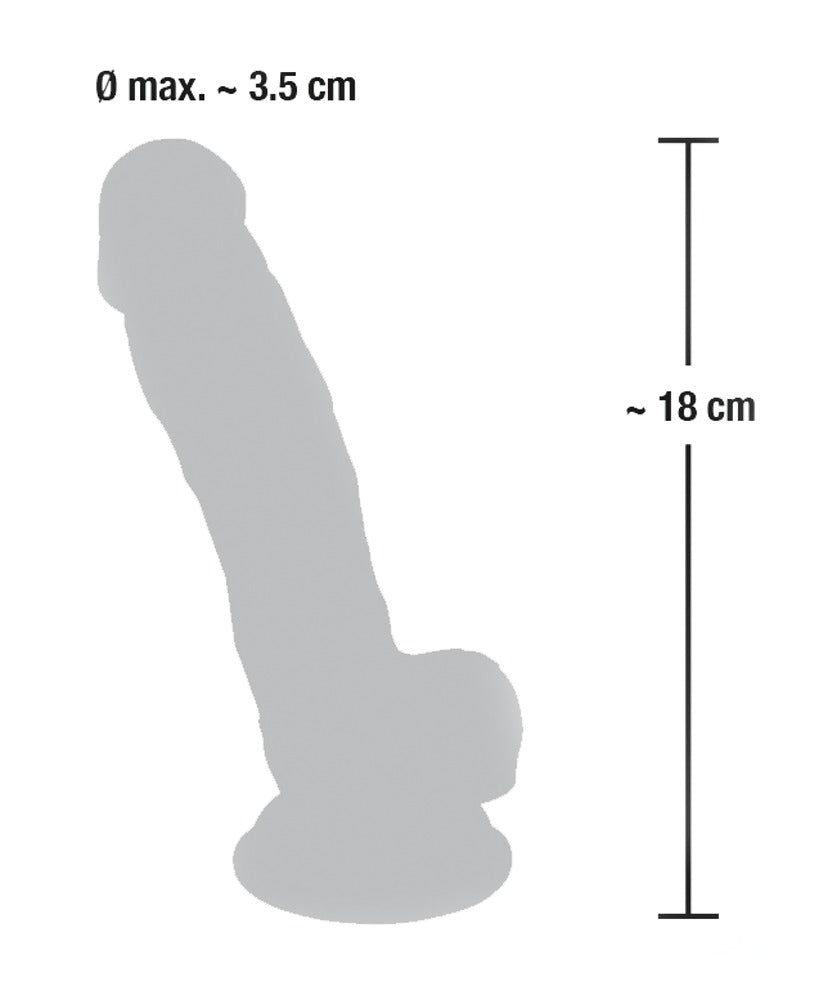 Maattekening van de realistische dildo S/M: 18 cm lang en maximaal 3,5 cm breed
