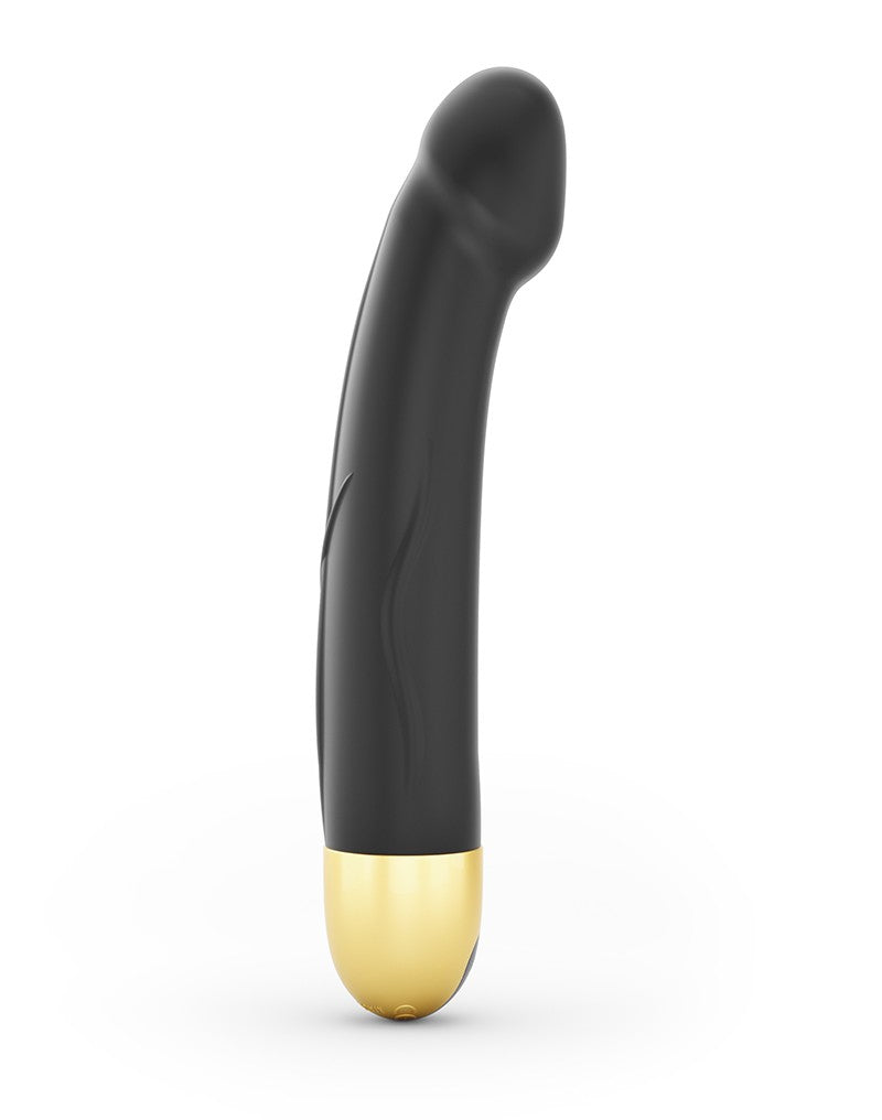 Zijaanzicht van poeder roze-beige vibrator van De Paarse Keizerin met gebogen vorm en gladde afwerking