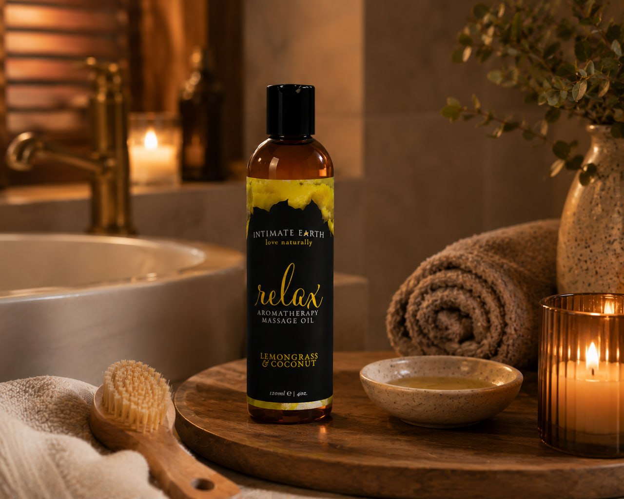 Relax Aromatherapie Massageolie van Intimate Earth 120 ml - sfeerfoto