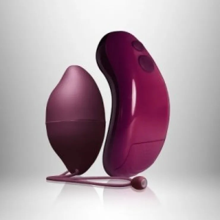 Pruimkleurig vibrerend ei met ergonomische draadloze afstandsbediening en siliconen terughaalkoord