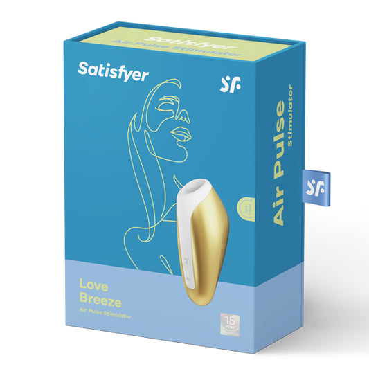 Satisfyer Love Breeze Air Pulse Stimulator in goud-wit op blauwe verpakking