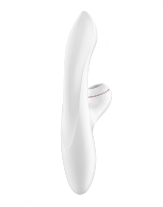 Witte Satisfyer Pro G-spot rabbit vibrator met dubbele stimulatie-armen, zijaanzicht