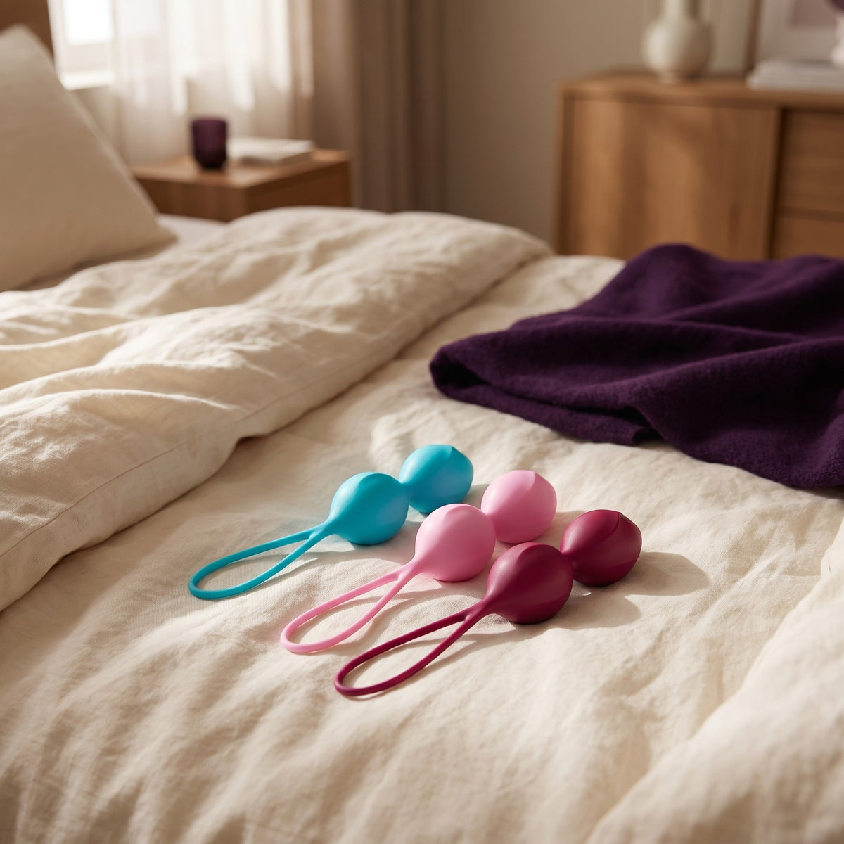 Sfeerbeeld: drie Satisfyer V Balls in turkoois, roze en donkerrood op een bed met creme linnen