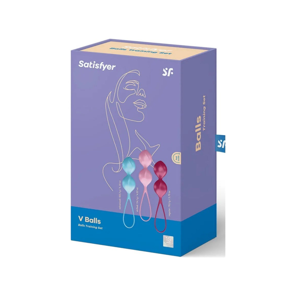 Verpakking van de Satisfyer V Balls met de drie gewichten erop vermeld