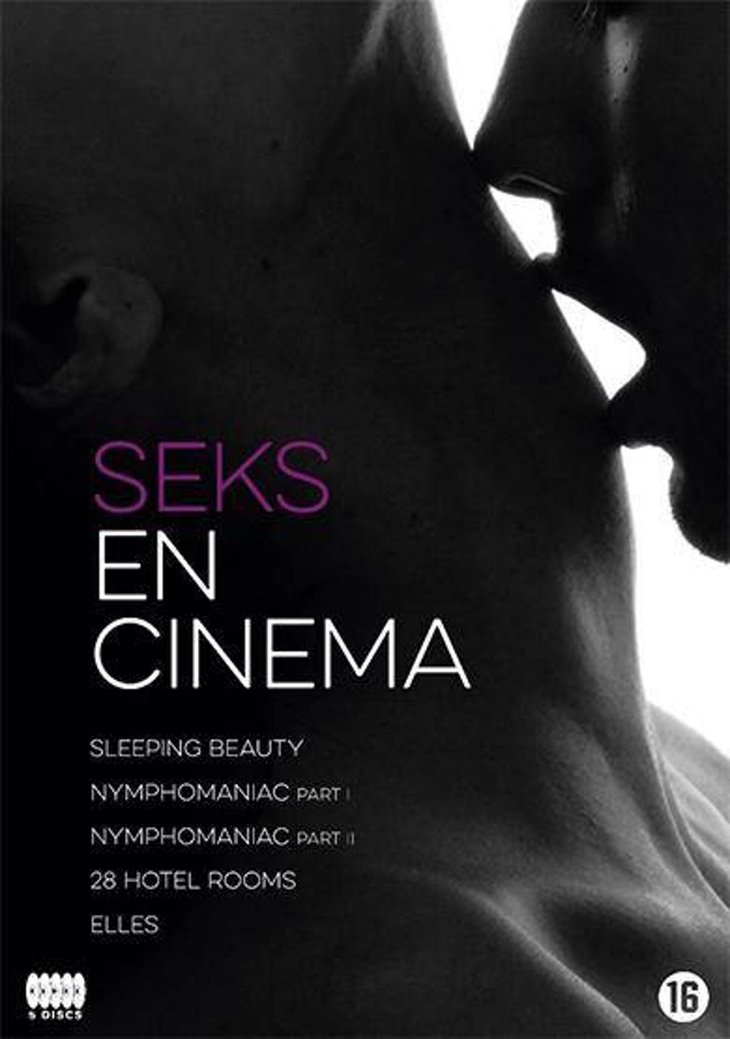 Seks en Cinema Artbox DVD-hoes met filmtitels in paars en wit