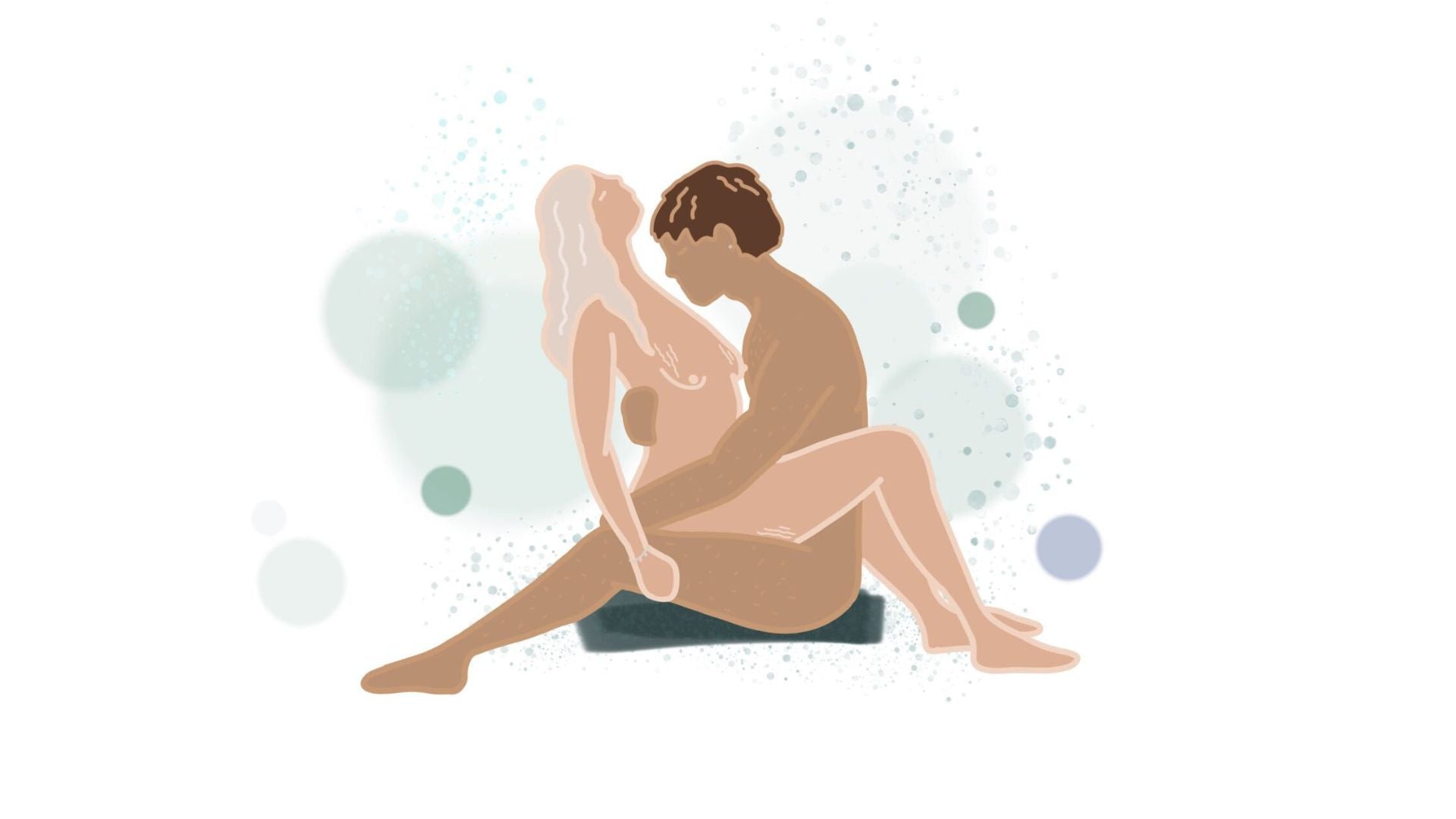 Illustratie van Yab-Yum: een stel zit borst tegen borst, de een op de schoot van de ander