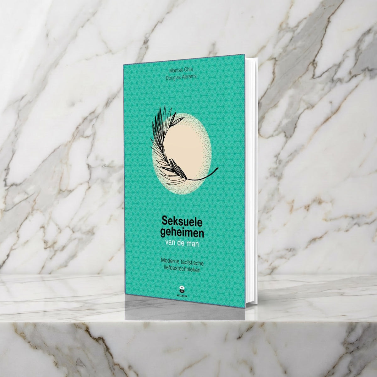 Boek Seksuele geheimen van de man met turquoise omslag rechtop op een marmeren plank