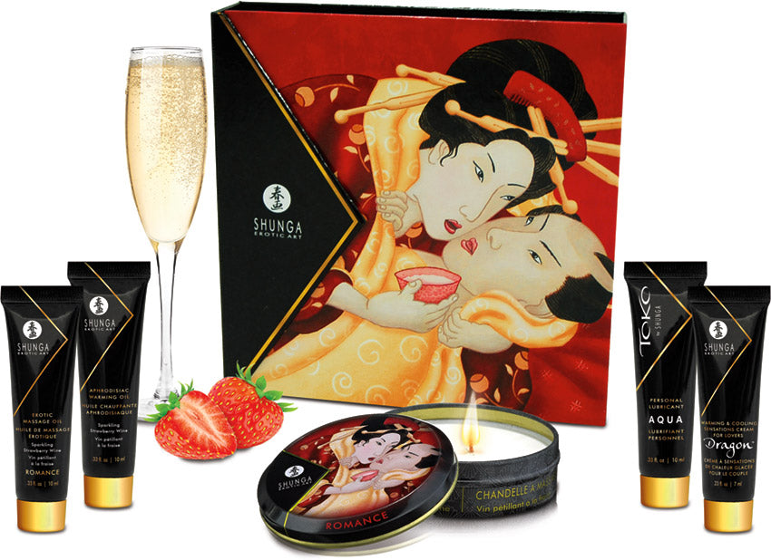 Close-up van de inhoud van de Shunga giftbox met verschillende wellness producten