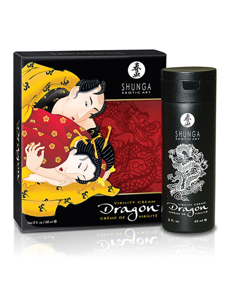 Shunga Dragon Virility Cream: het doosje met Japanse prent naast het zwarte flesje van 60 ml