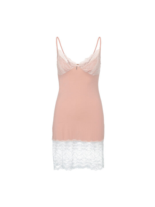 Simply Beautiful nachtjapon in dusty pink met roze en witte kanten accenten