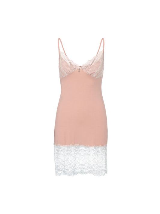 Simply Beautiful nachtjapon in dusty pink met roze en witte kanten accenten