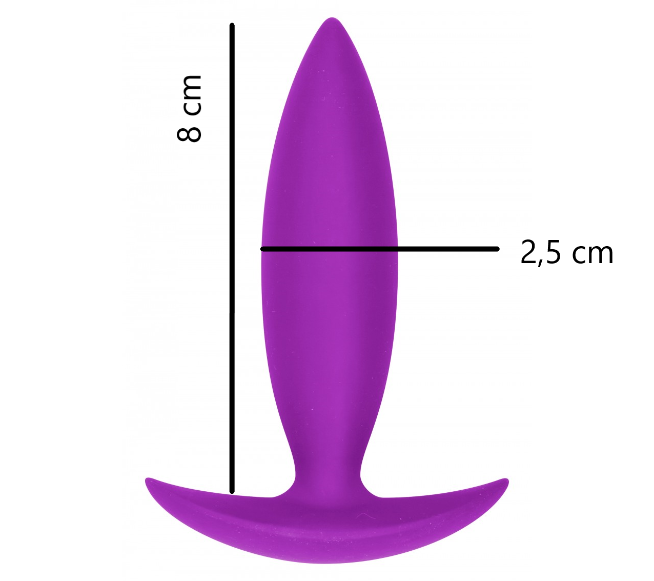 Paarse slanke buttplug met maten: 8 cm inbrengbaar en 2,5 cm doorsnede