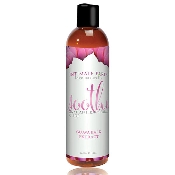 Fles Soothe anaal glijmiddel op waterbasis van Intimate Earth, 60 ml, vrijstaand op wit