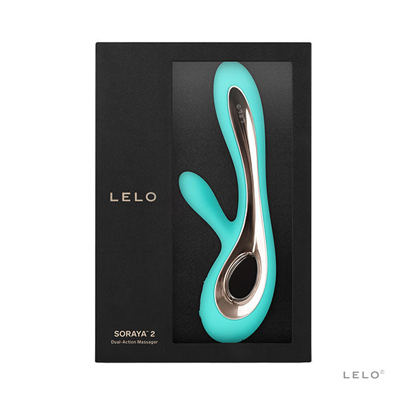 Soraya 2 Lelo vibrator in aquablauw met gouden accenten in luxe geschenkdoos