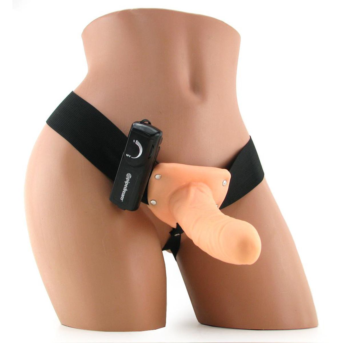 Holle vibrerende strap-on van Fetish Fantasy om een torso, met elastisch harnas en afstandsbediening