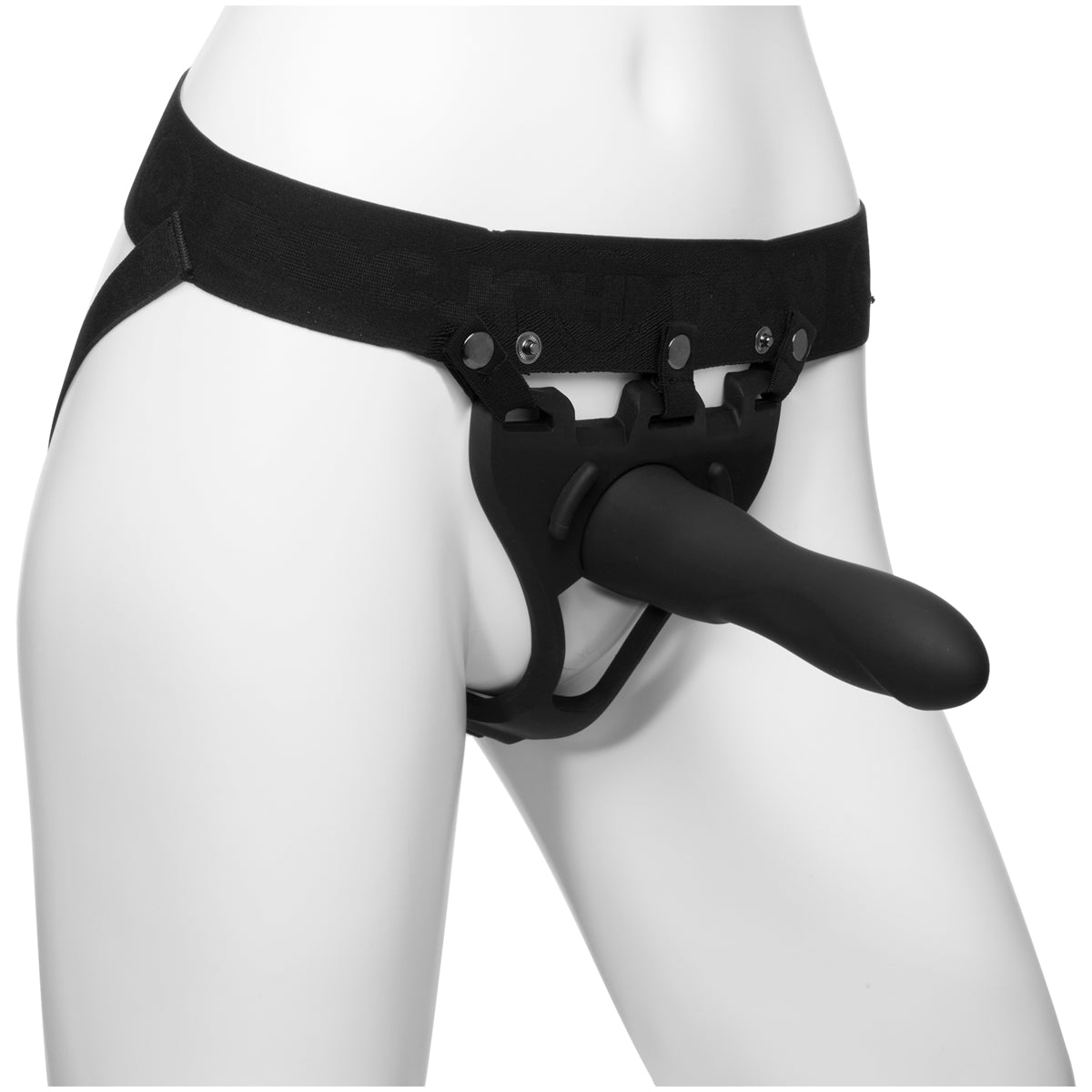 Holle strap-on compleet met harnas gedragen op een paspop, vooraanzicht