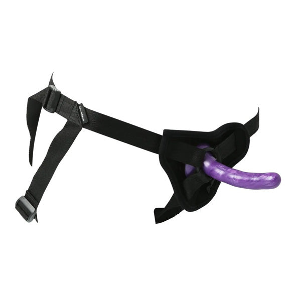 Strap-on harnas met verstelbare zwarte banden en paarse dildo, zijaanzicht, Sportsheets