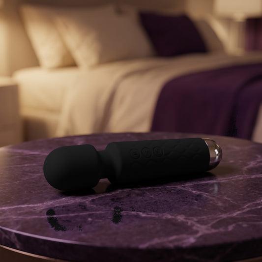 Sfeerbeeld: zwarte kleine wandmassager op donkerpaars marmer in een slaapkamer