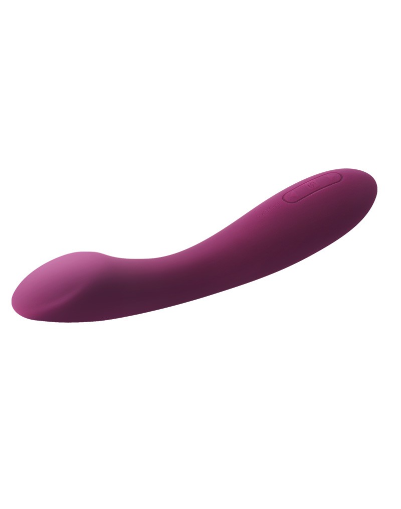 Paarse Amy 2 liggend van opzij, met de afgeplatte kop en de knop op het handvat