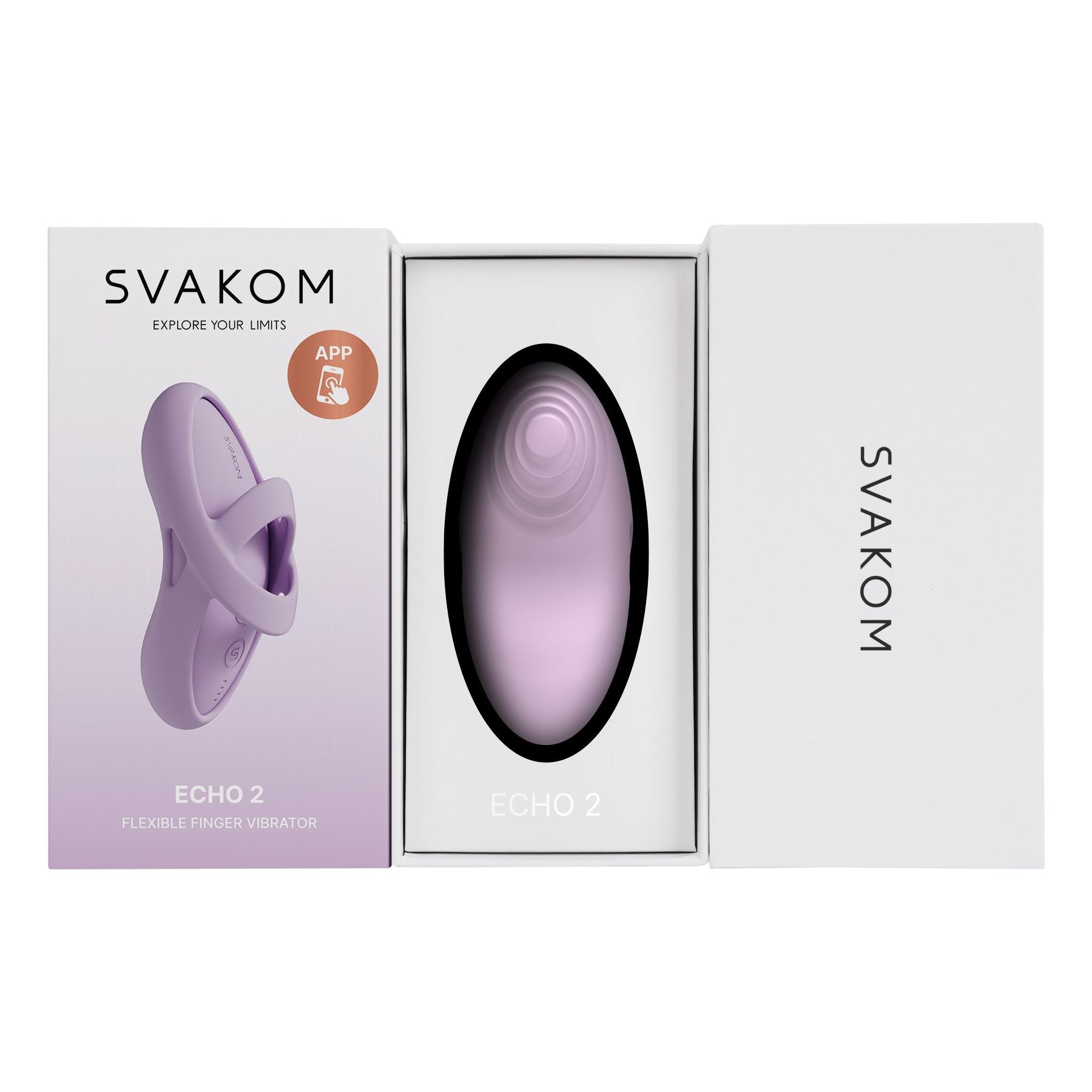 Geopende doos met de vingervibrator in het vak, Svakom Echo 2 in Pink Lilac