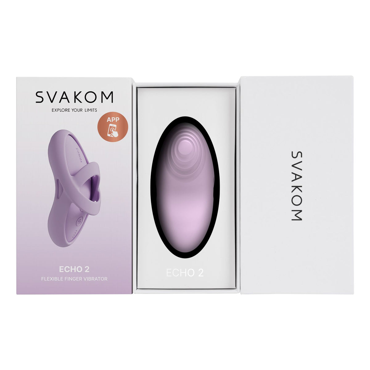 Geopende doos met de vingervibrator in het vak, Svakom Echo 2 in Pink Lilac