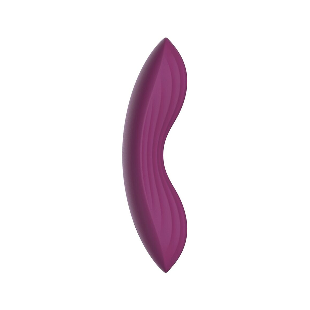 Zijaanzicht van de gebogen paarse vibrator met ribbels onderaan, Edeny van Svakom
