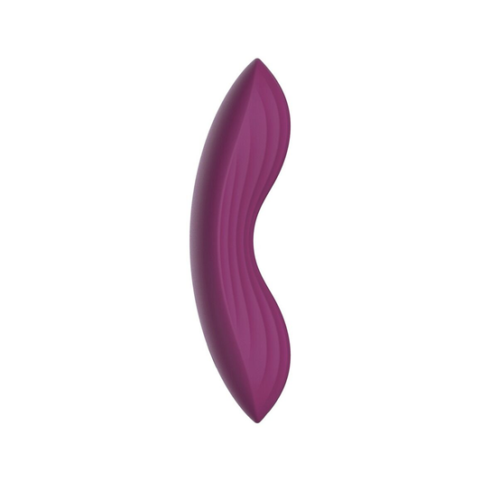Zijaanzicht van de gebogen paarse vibrator met ribbels onderaan, Edeny van Svakom