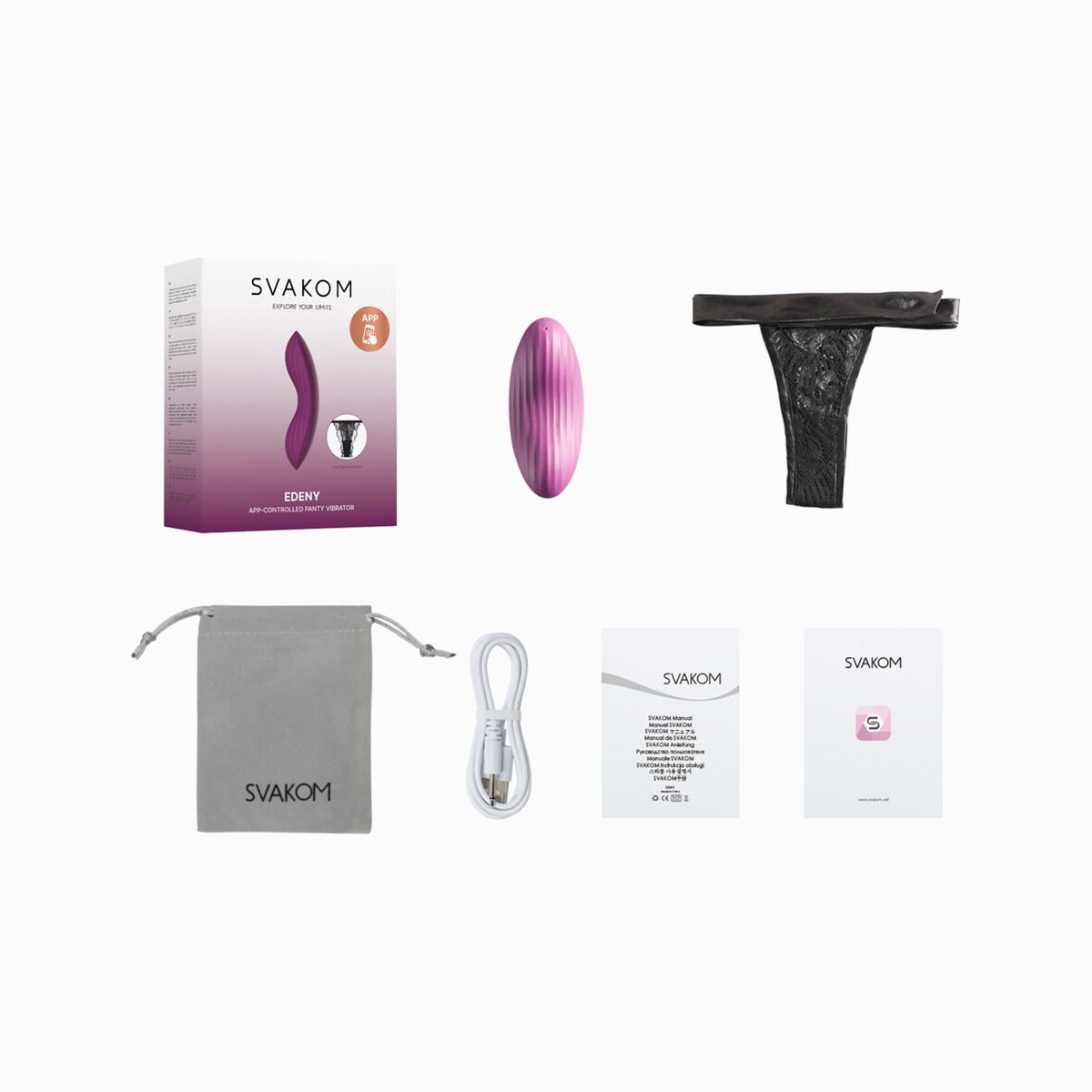 Inhoud van de doos: vibrator, kanten slipje, opbergzakje, USB-kabel en handleiding, Svakom Edeny