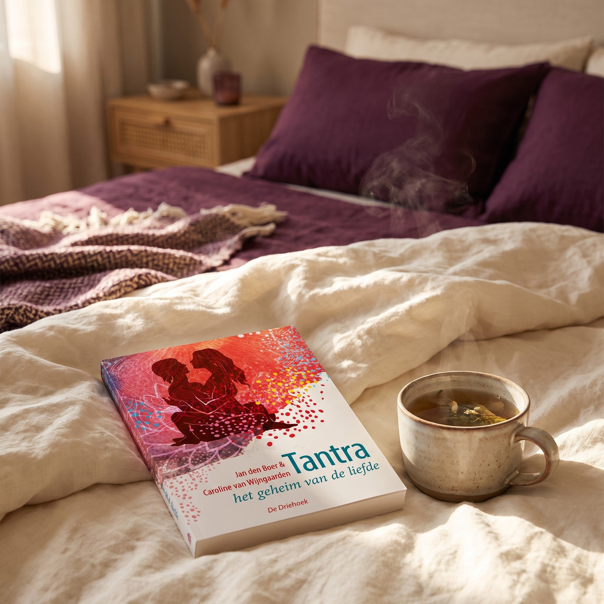 Sfeerbeeld: het boek Tantra, het geheim van de liefde op een bed naast een kop thee