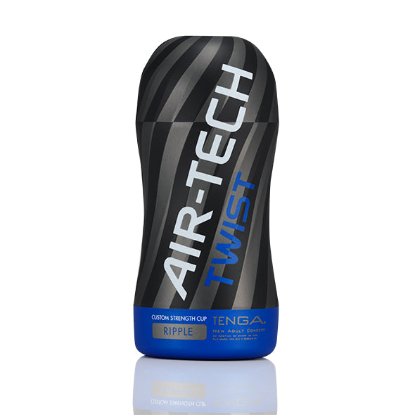 Tenga Air-Tech Twist Ripple cup van voren, zwart met gedraaide strepen en blauwe band